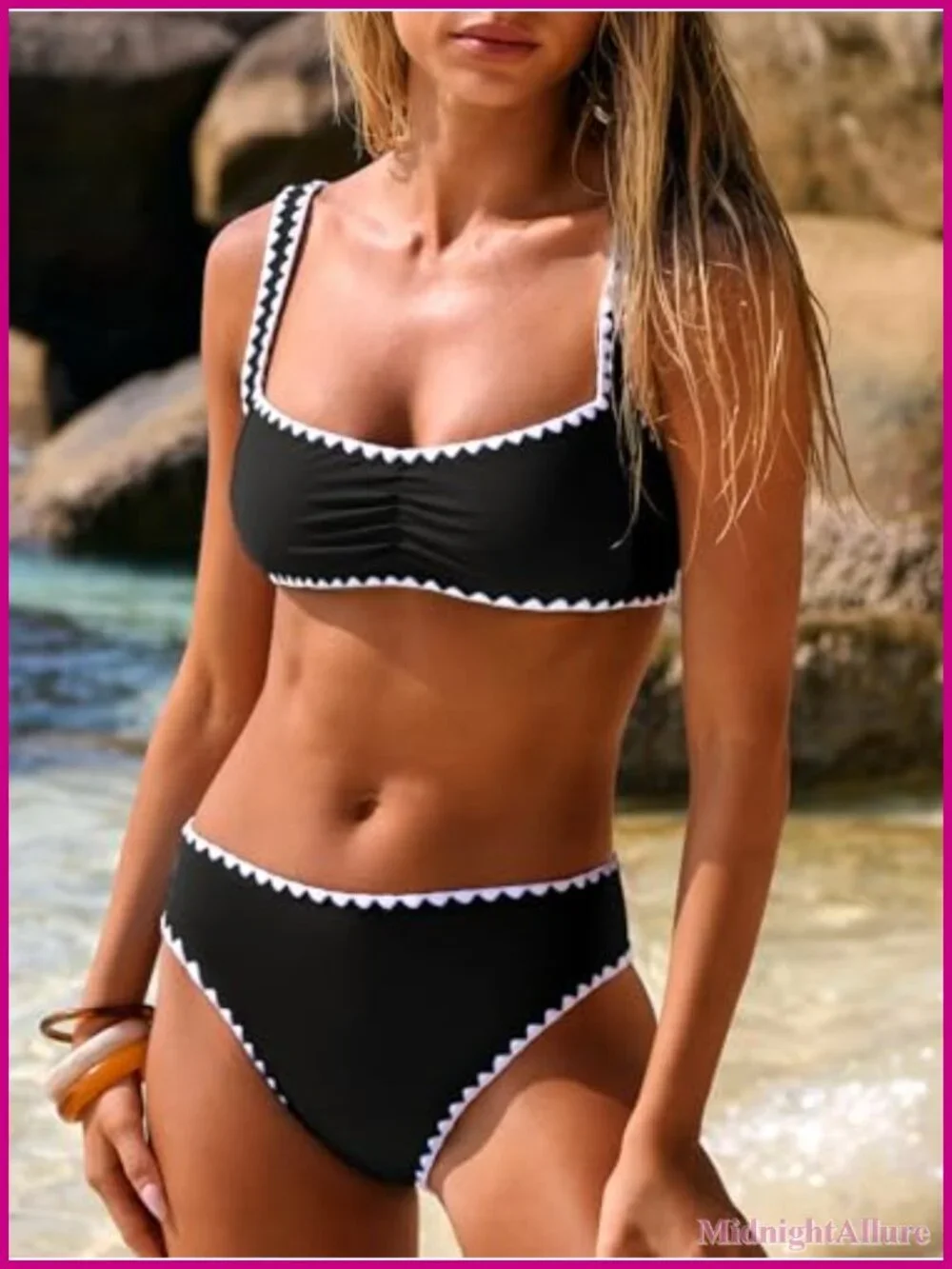 Women's Two Piece Bikini Set Ribbed Front Ruched Mid Waisted Adjustable Straps